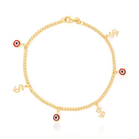Explore the Women Cuban Link Charm Anklet Bracelet, designed for good luck and crafted in 14k gold-filled elegance. This captivating piece showcases small anchor charms, a red Greek Evil Eye charm, and a Dollar sign pendant, all evenly distributed along the chain with a secure clasp closure. Ideal for adding a touch of charm to any ensemble.